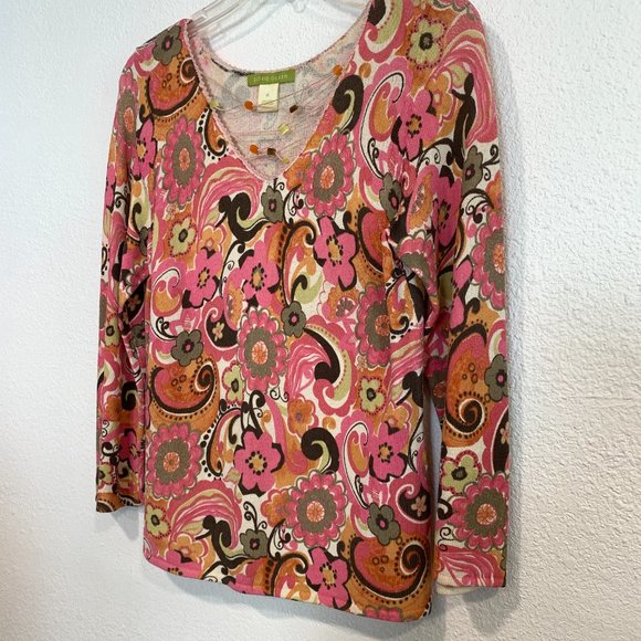 Sigrid Olsen Floral Knit Stretch Top MultiColor Beaded String V-Neck EUC Sz Med - Picture 6 of 7